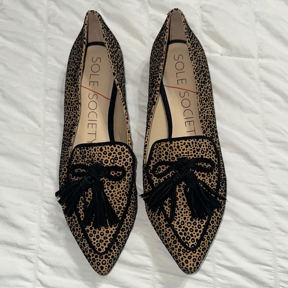 Sole Society Spotted Tassel Loafers - Black and Tan
